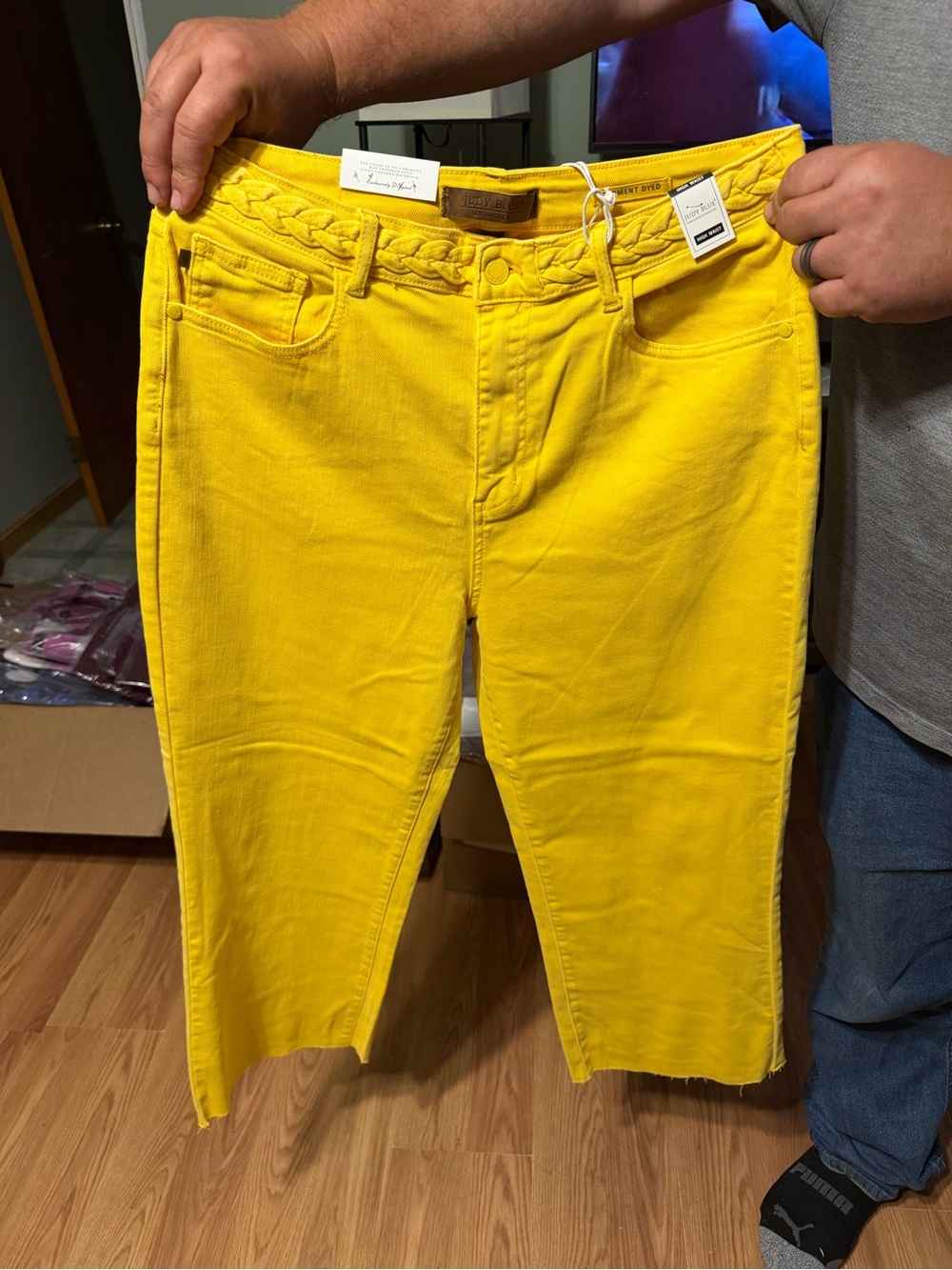 Judy Blue Bright Yellow Relaxed Jeans with Braided Waist